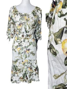 Once Was Melbourne Linen Lemon Dress L 10 Viscose Australia Floral Botanical